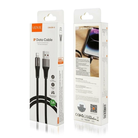 Kabel USB iPhone Lightning 2m czarny VIDVIE CB4038 3A